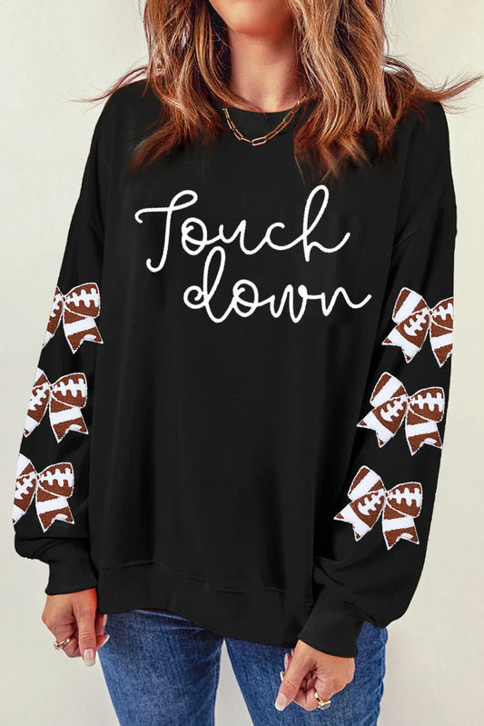 TOUCHDOWN Letter Graphic Bow Long Sleeve Sweatshirt