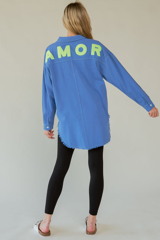 Davi & Dani AMOR Letter Back Raw Hem Half Button Shirt