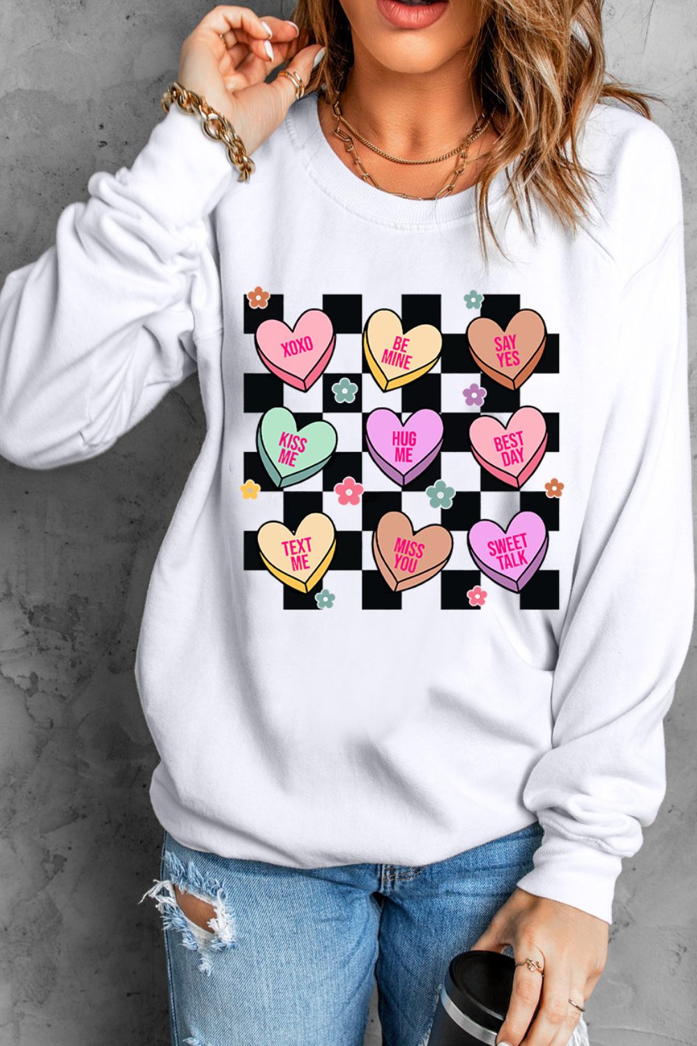 Valentine's Day Checkered Heart Long Sleeve Sweatshirt