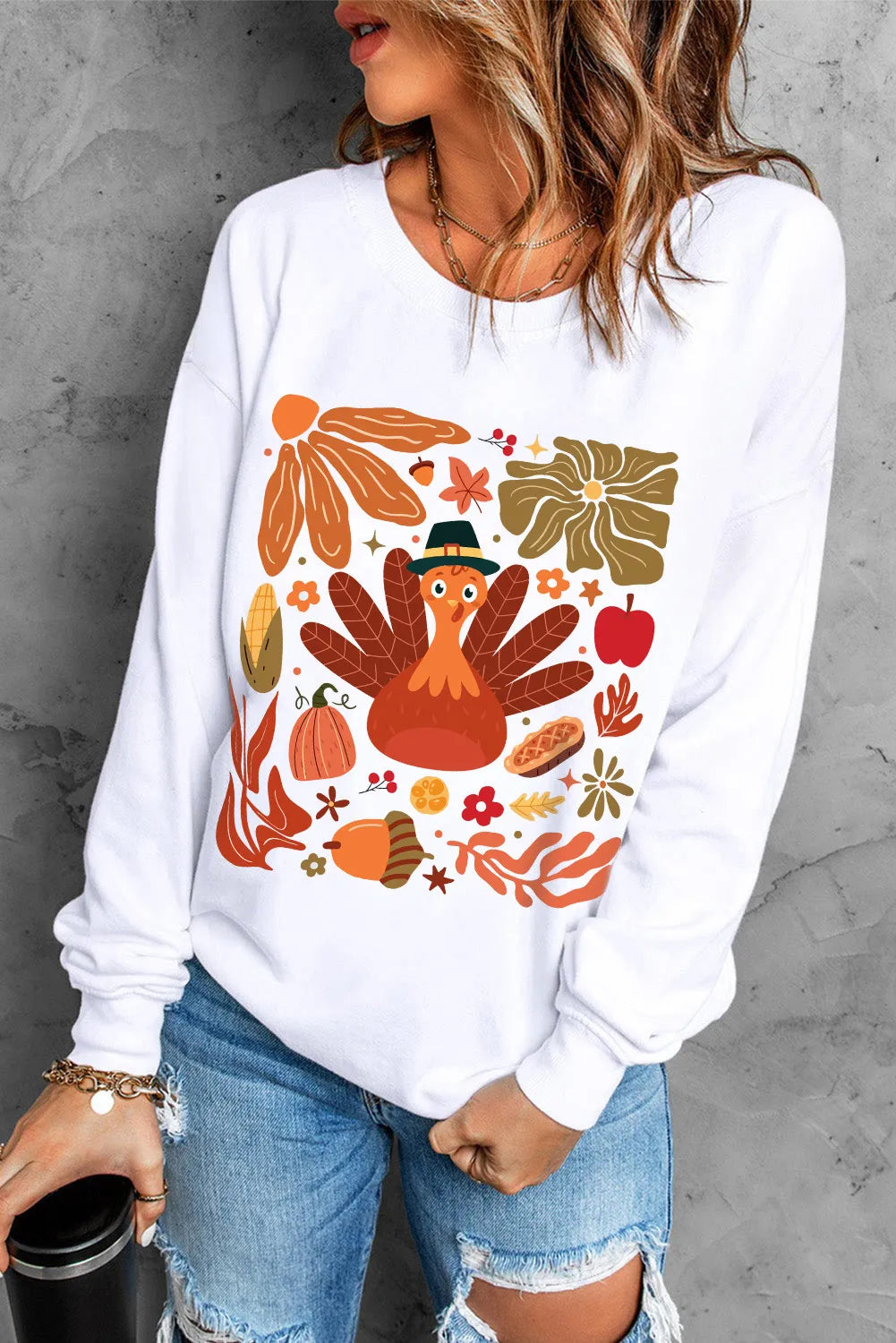 Turkey Graphic Round Neck Long Sleeve Sweatshirt