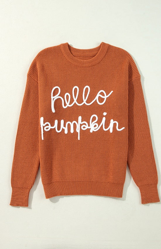 HELLO PUMPKIN Letter Graphic Round Neck Long Sleeve Sweater