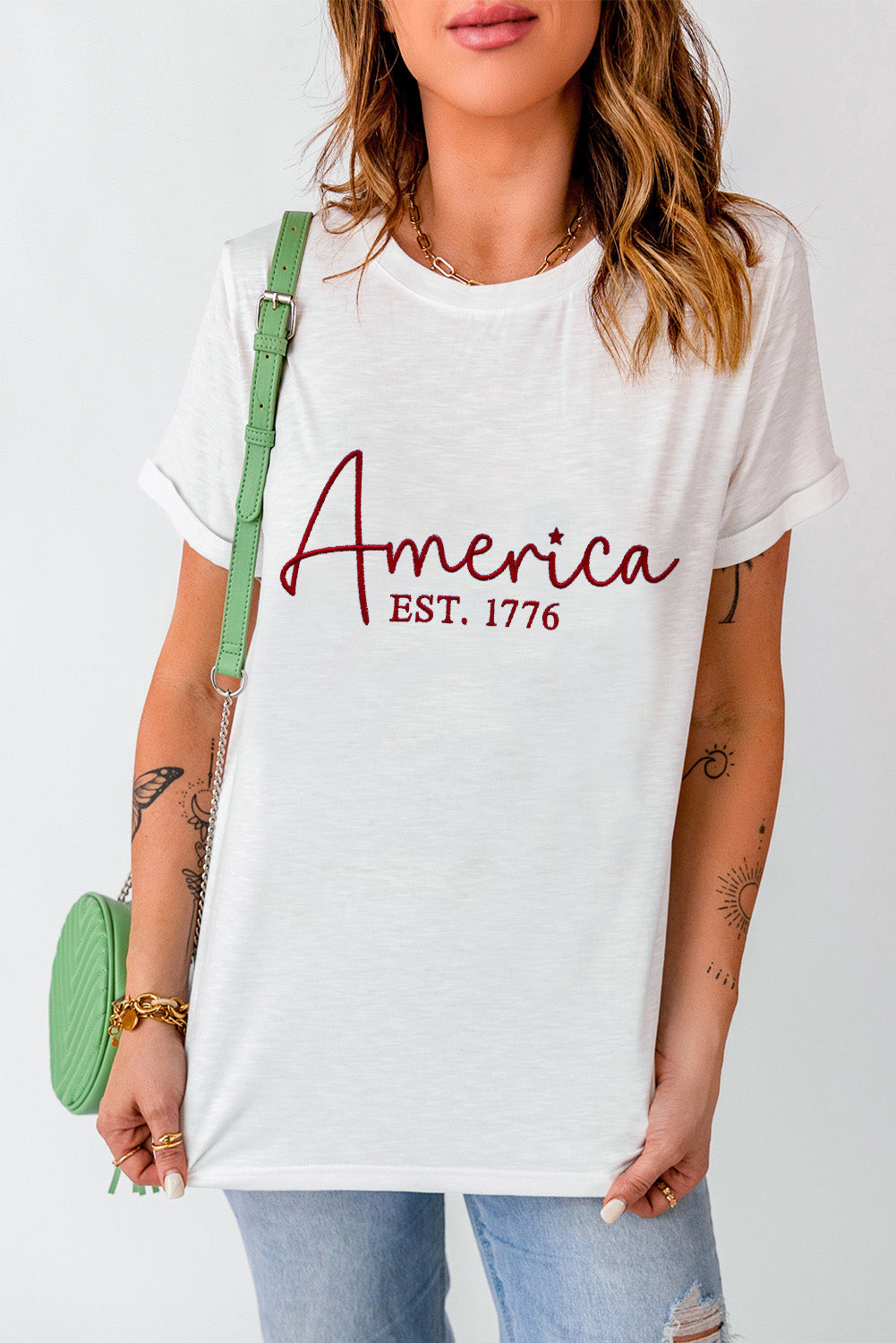 AMERICA EST. 1776 Letter Graphic Round Neck Short Sleeve T-Shirt