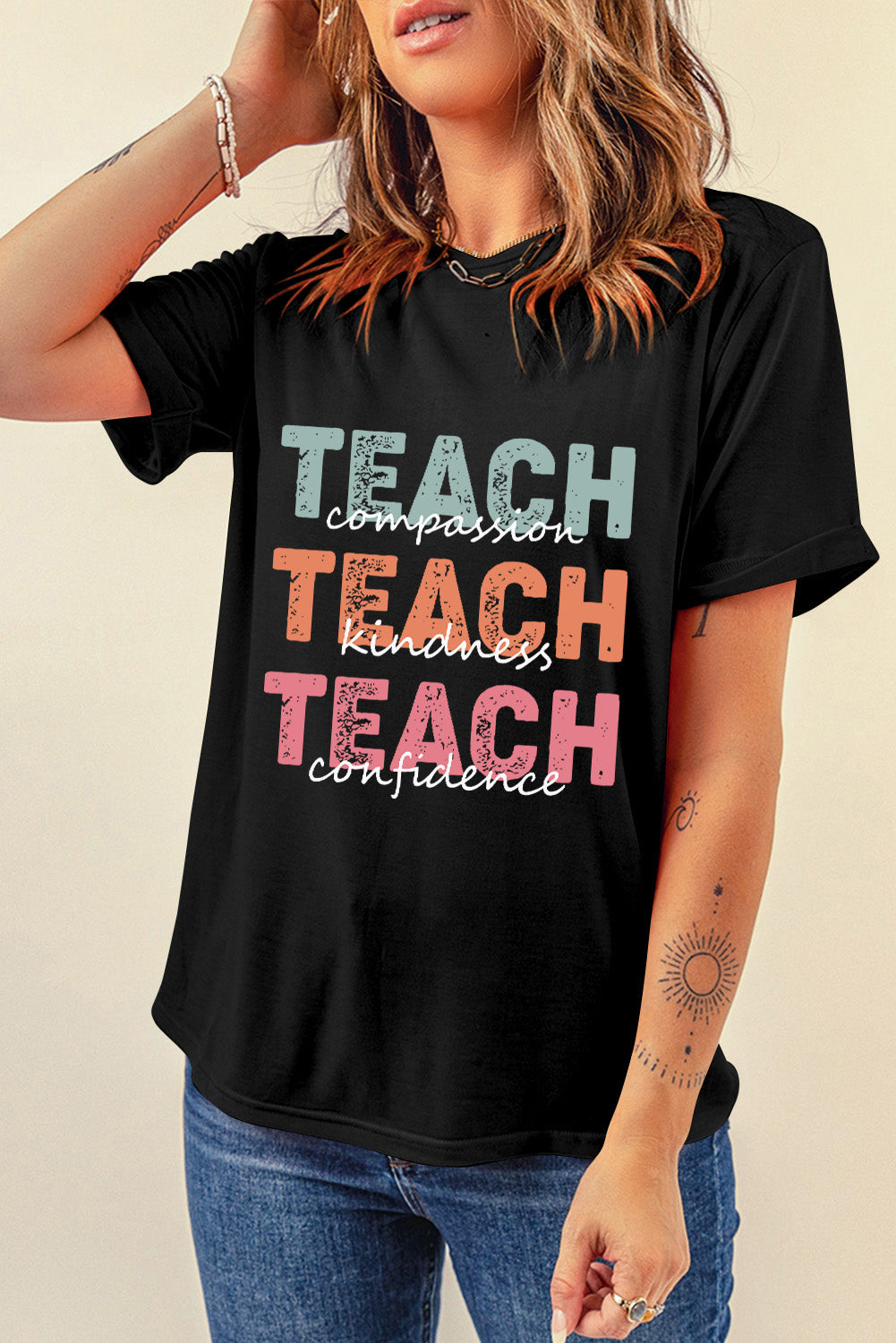 TEACH TEACH TEACH Letter Graphic Round Neck Short Sleeve T-Shirt