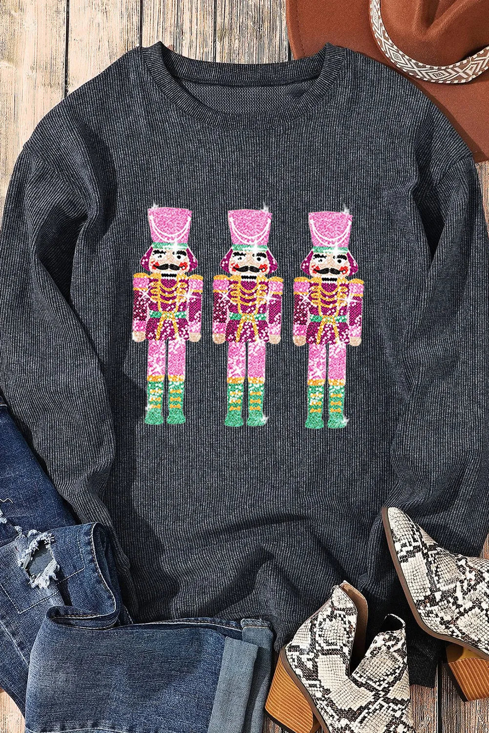 Sequin Nutcracker Round Neck Long Sleeve Sweatshirt