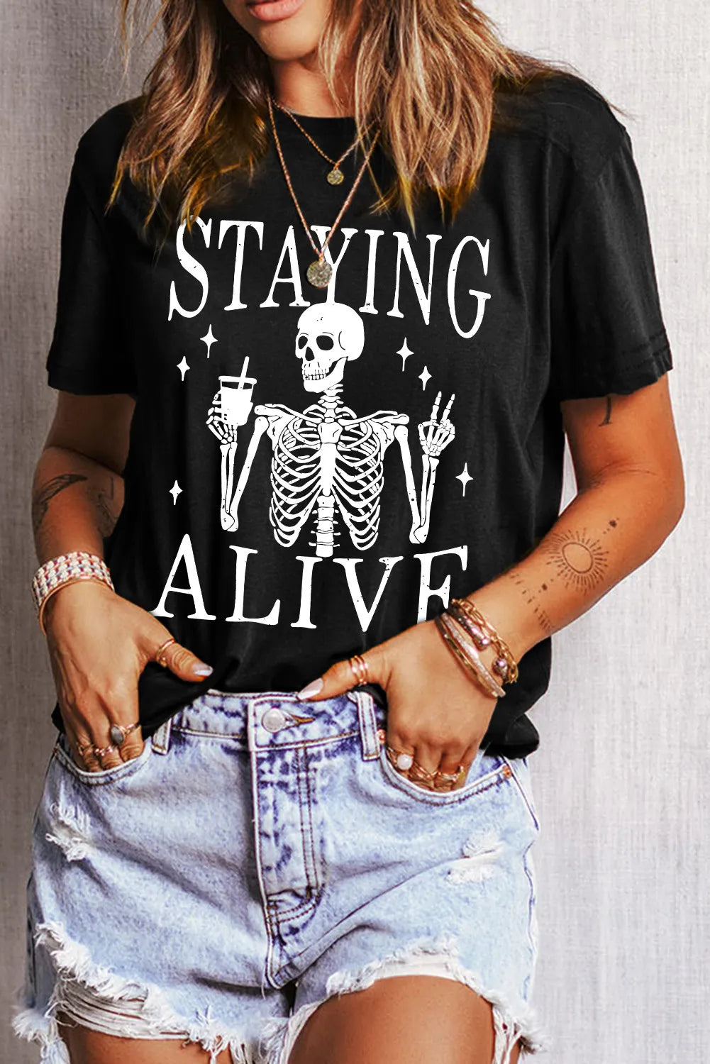 STAYING ALIVE Graphic Round Neck Short Sleeve T-Shirt