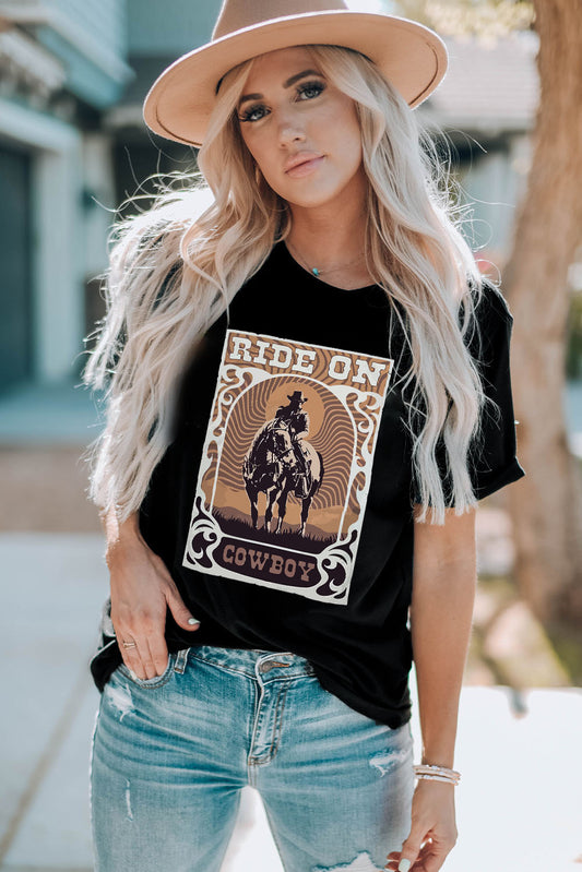 Ride On Cowboy Graphic Round Neck Short Sleeve T-Shirt