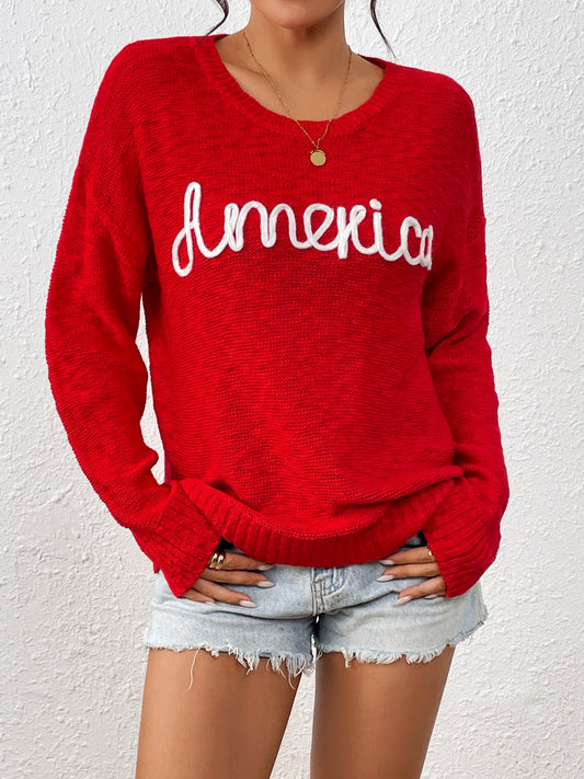 AMERICA Letter Round Neck Long Sleeve Sweater