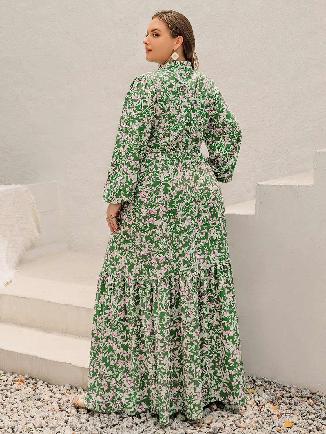 Plus Size Printed Notched Long Sleeve Maxi Dress