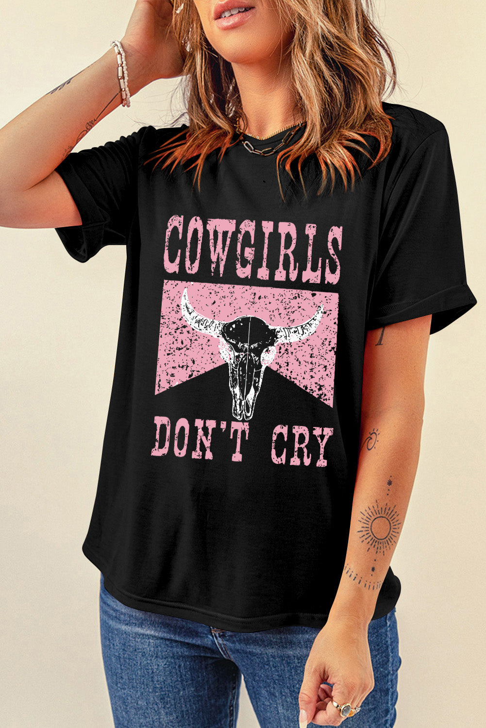 COWGIRLS DON'T CRY Graphic Round Neck Short Sleeve T-Shirt