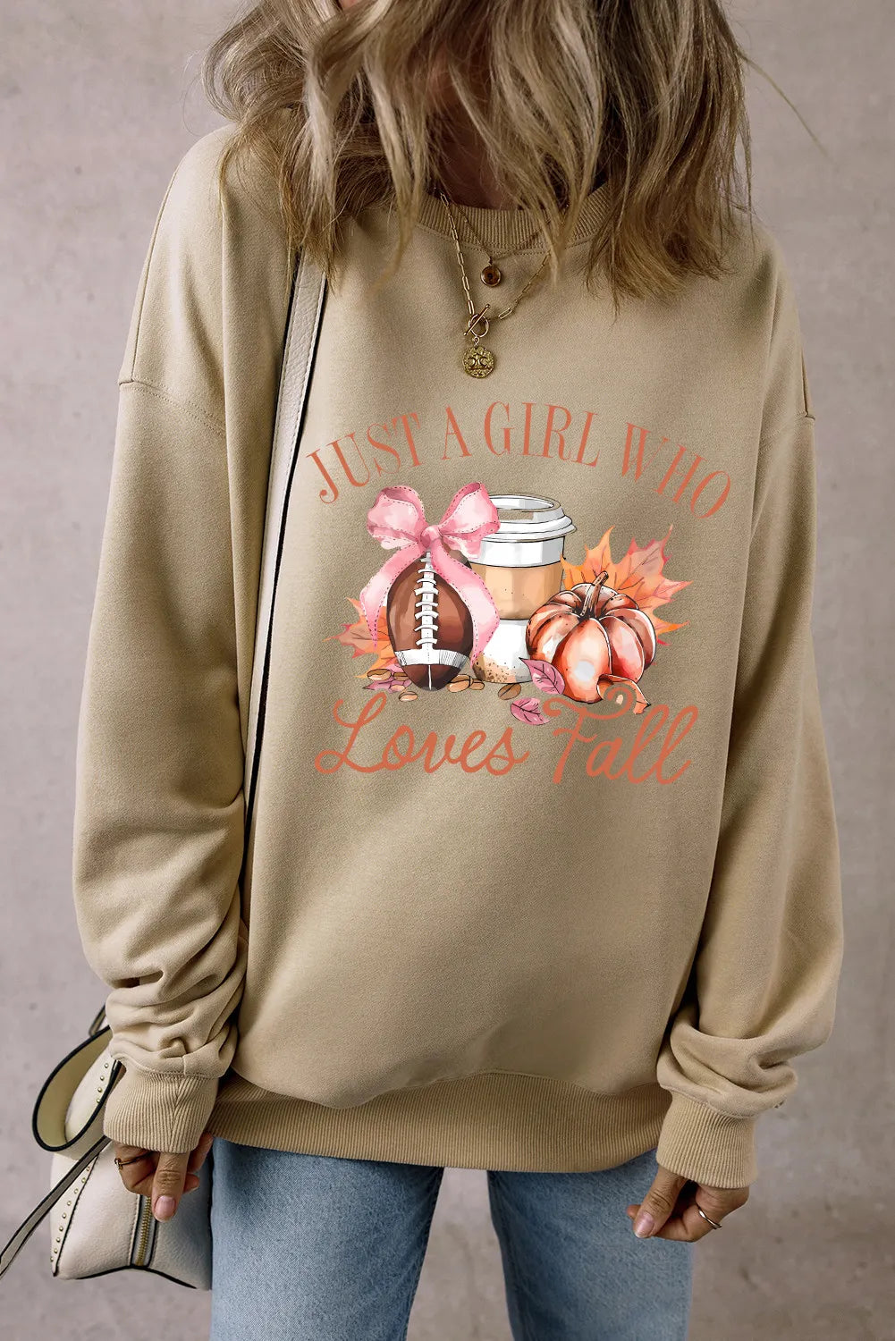 JUST A GIRL WHO LOVES FALL Graphic Round Neck Long Sleeve Sweatshirt