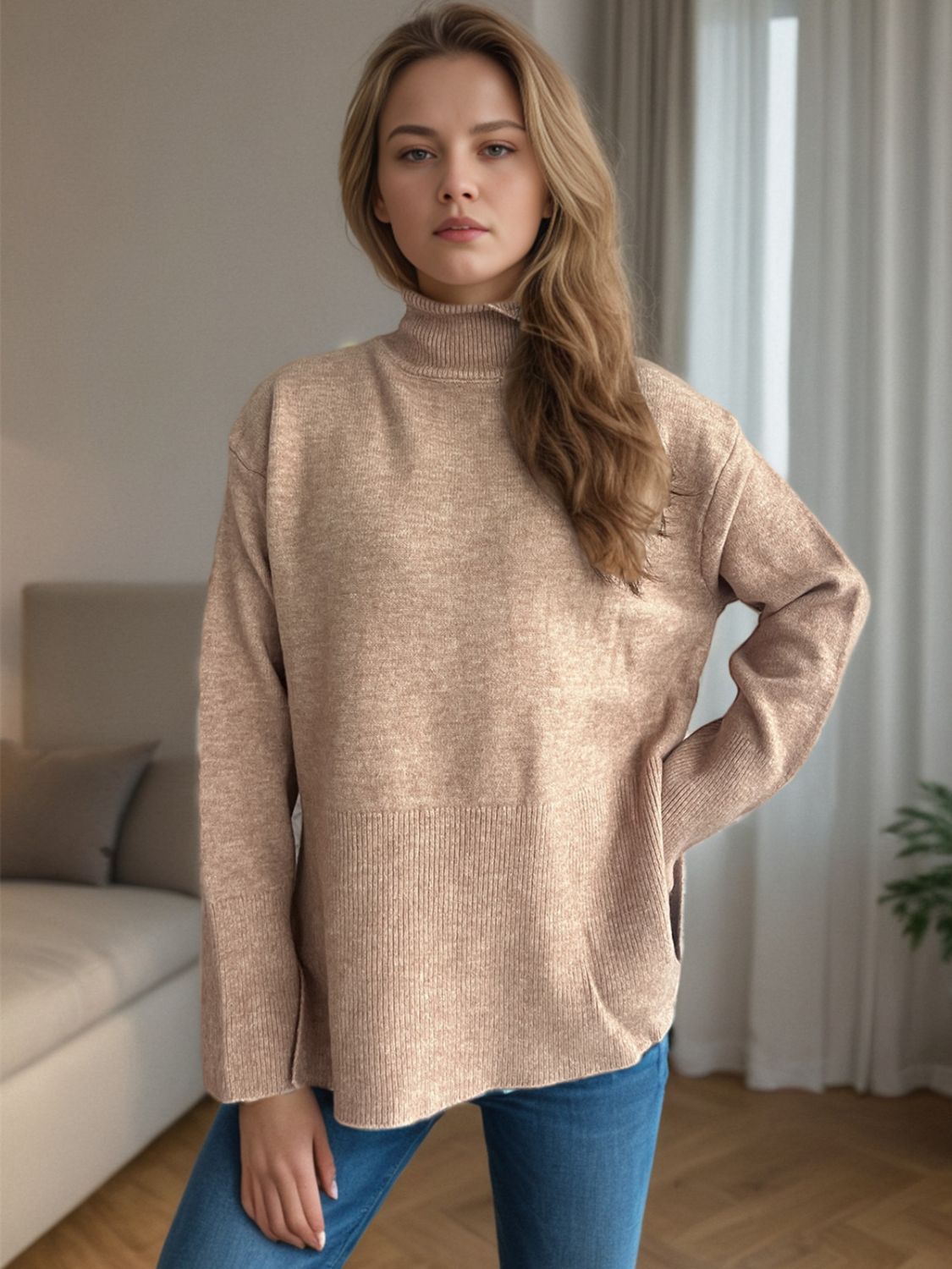 Side Slit Turtleneck Long Sleeve Sweater