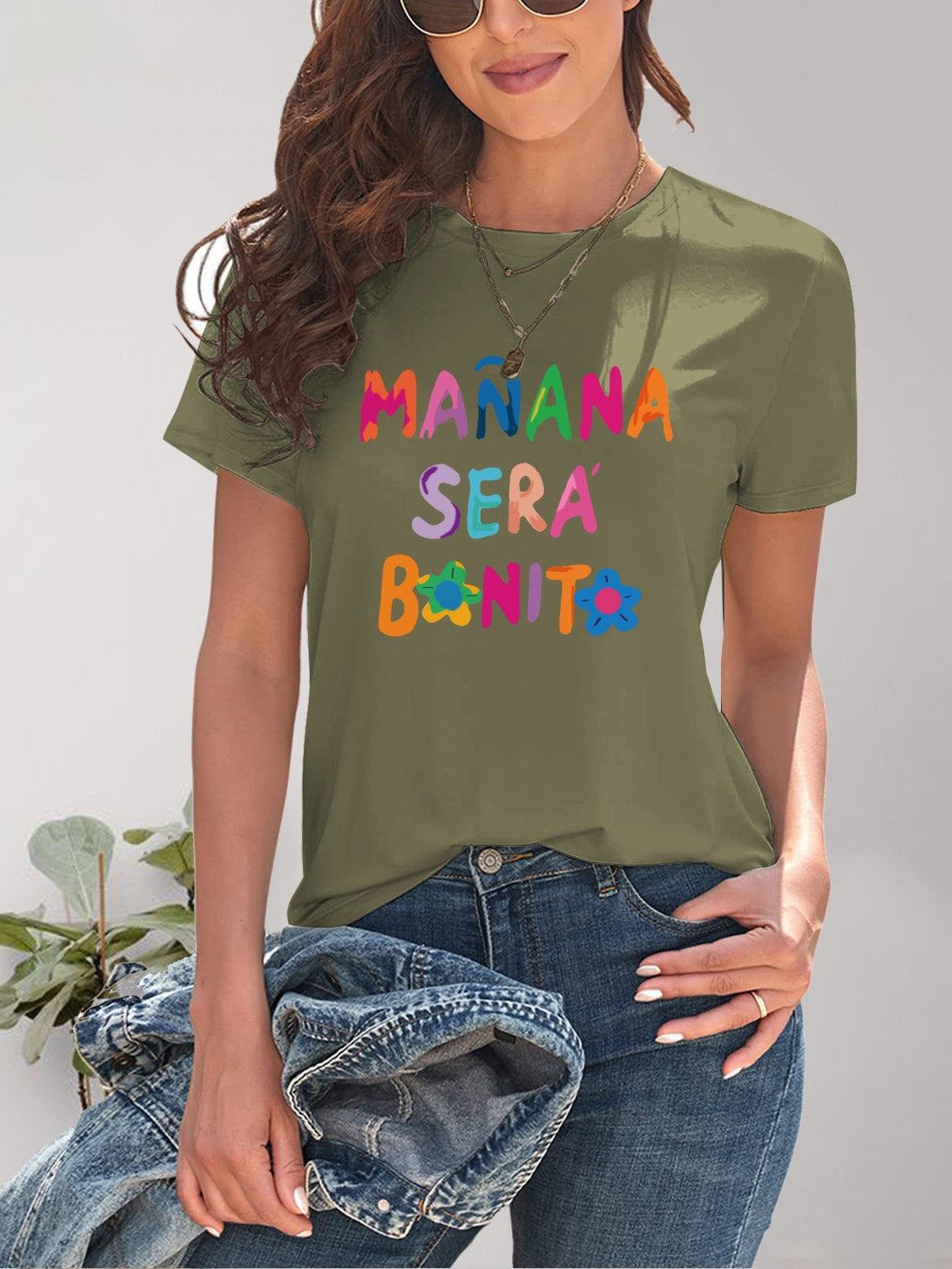 MAÑANA SERA BONITA Letter Graphic Round Neck Short Sleeve T-Shirt