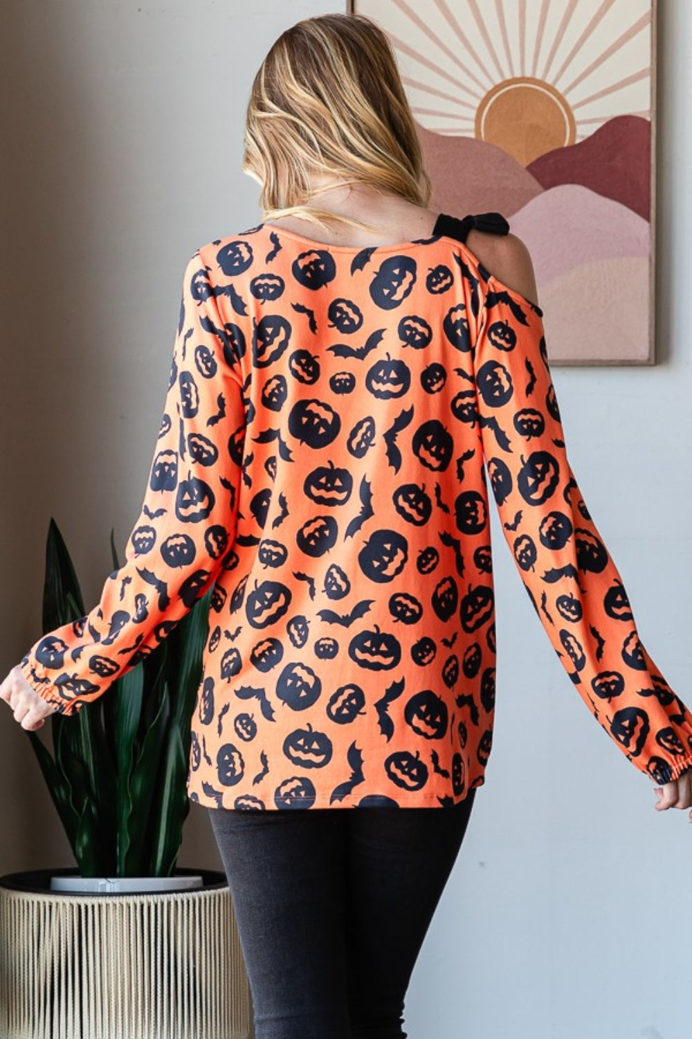 Heimish Pumpkin & Bats Print One Shoulder Bow T-Shirt