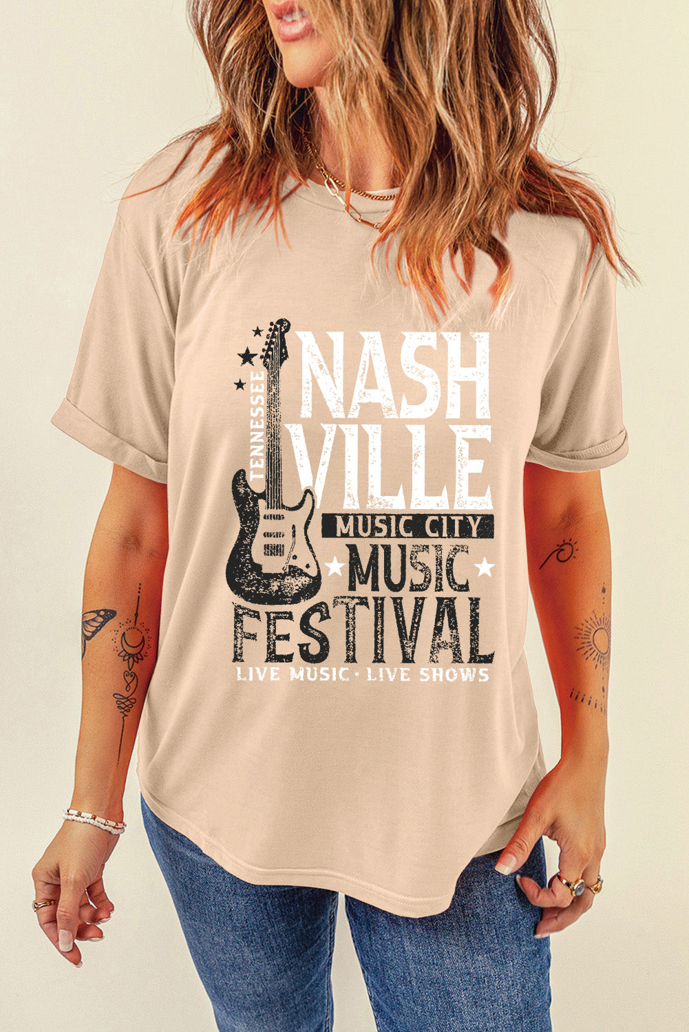 NASHVILLE MUSIC CITY MUSIC FESTIVAL LIVE MUSIC LIVE SHOWS Letter Graphic Round Neck Short Sleeve T-Shirt