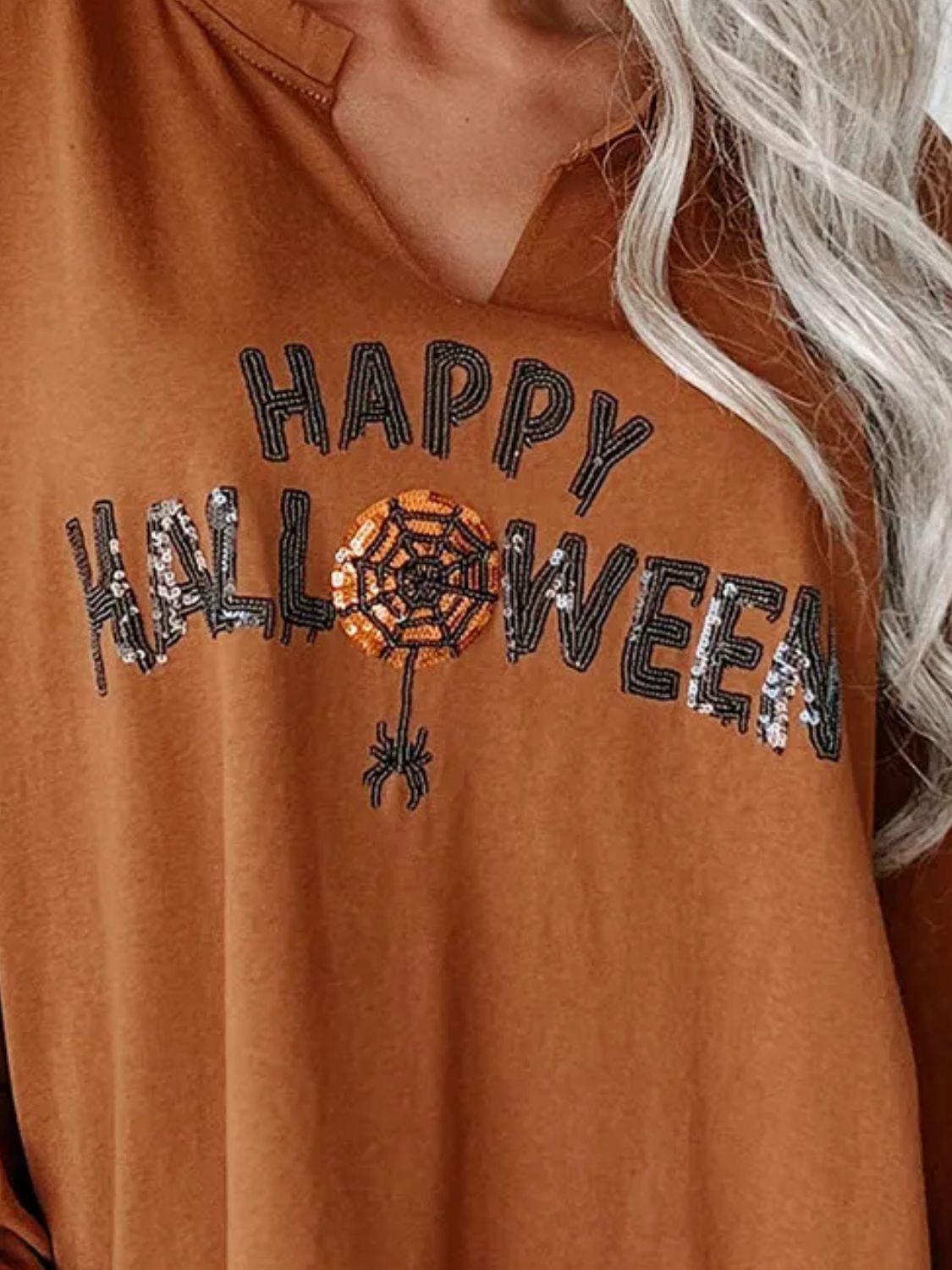 HAPPY HALLOWEEN Sequin Letter Graphic Notched Long Sleeve Sweatshirt