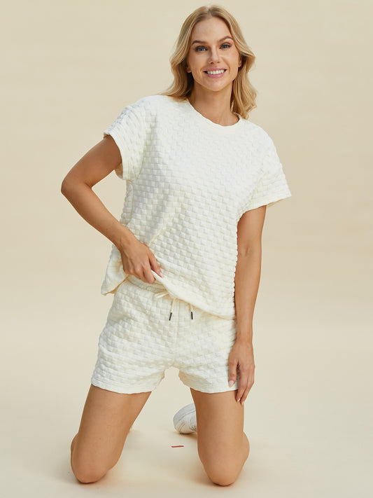 Double Take Full Size Texture T-Shirt and Shorts Set