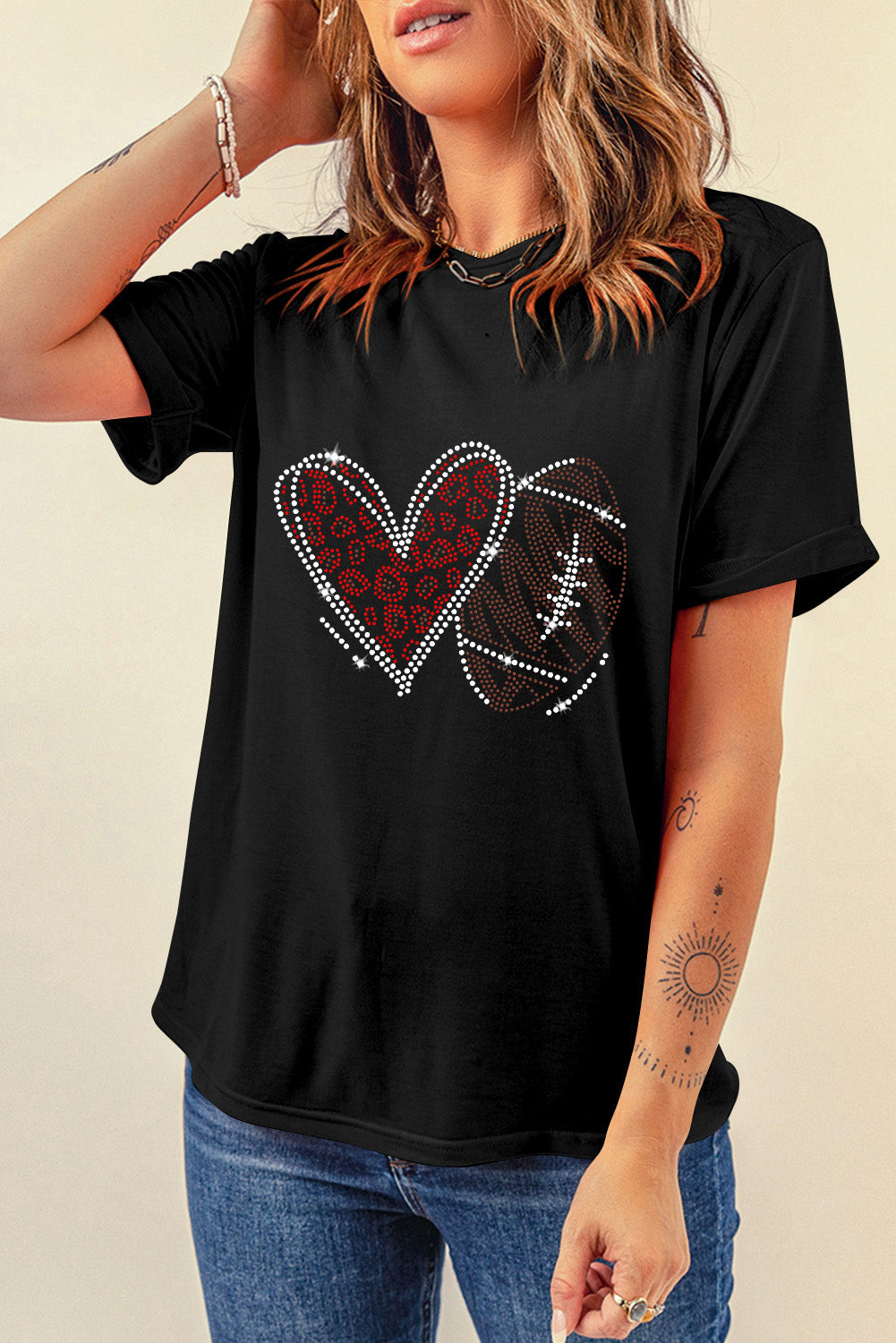 Rhinestone Heart Football Round Neck Short Sleeve T-Shirt