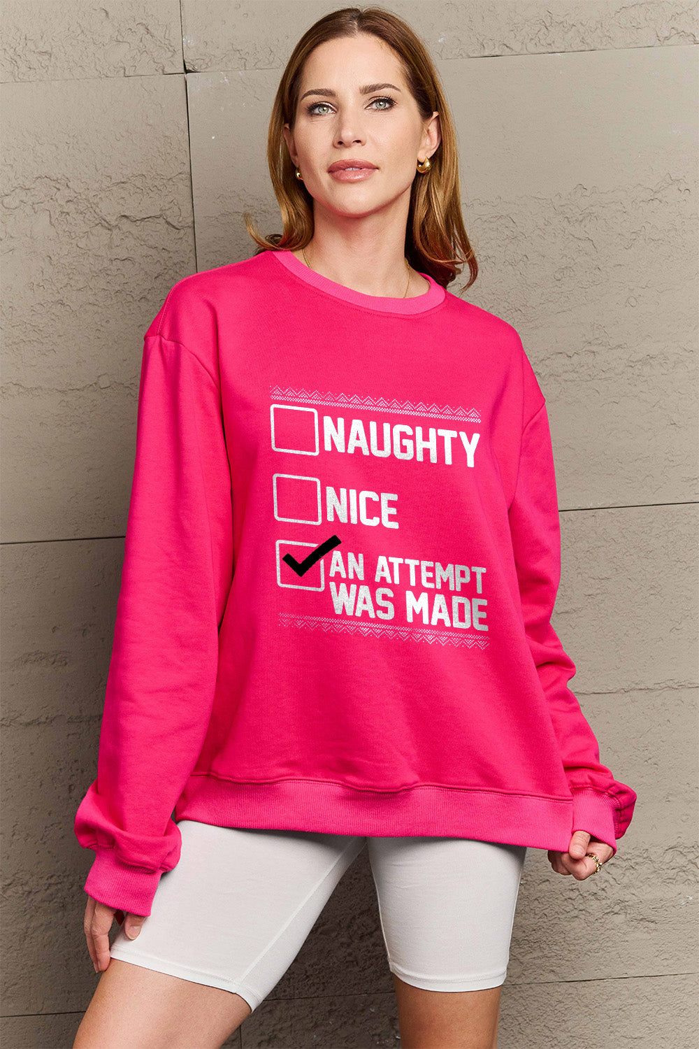 Simply Love Full Size Naughty, Nice, An Attempt Was Made Letter Graphic Long Sleeve Sweatshirt