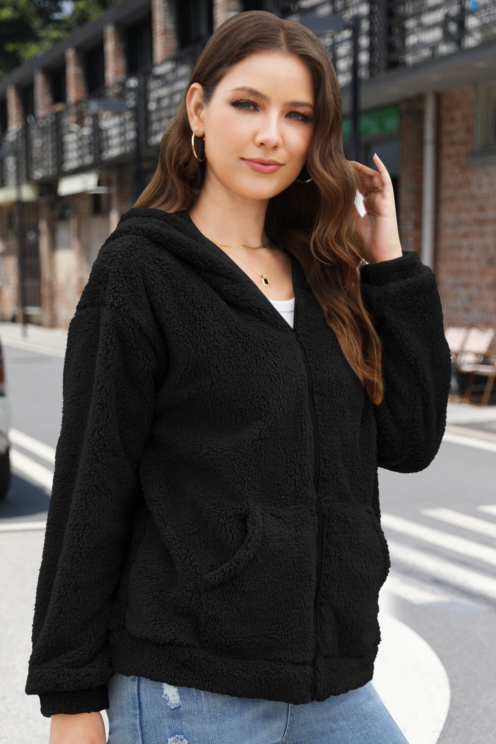 Zip Up Long Sleeve Fuzzy Hooded Outerwear