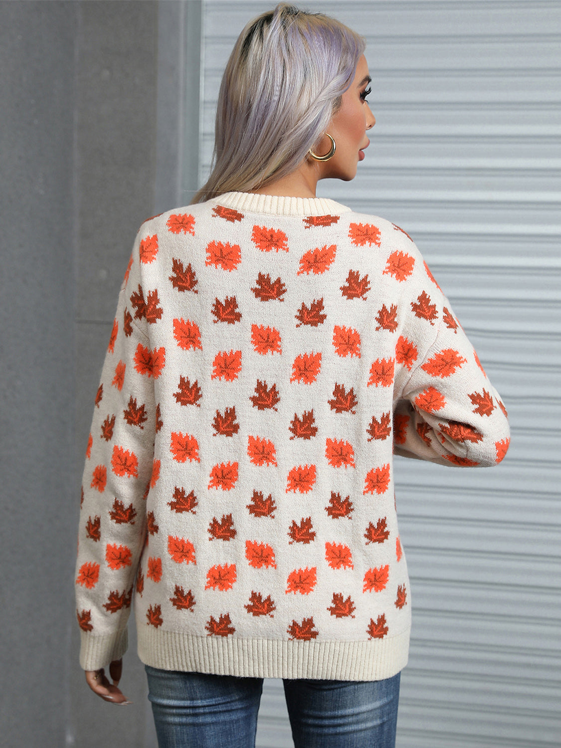 Maple Leaf Round Neck Long Sleeve Sweater