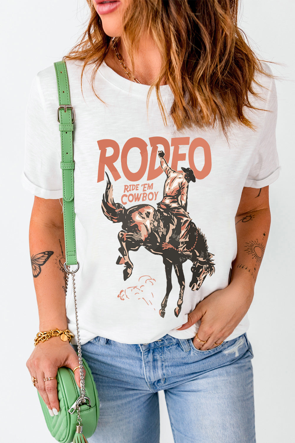 RODEO RIDE 'EM COWBOY Cowboy Graphic Round Neck Short Sleeve T-Shirt