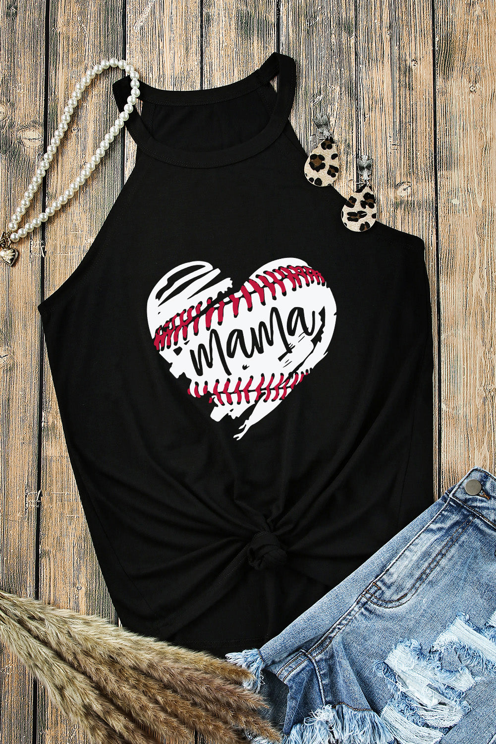 Baseball Mama Heart Graphic Round Neck Tank