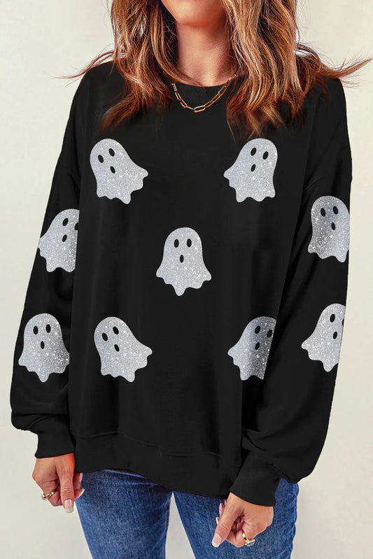 Glitter Ghost Round Neck Long Sleeve Sweatshirt