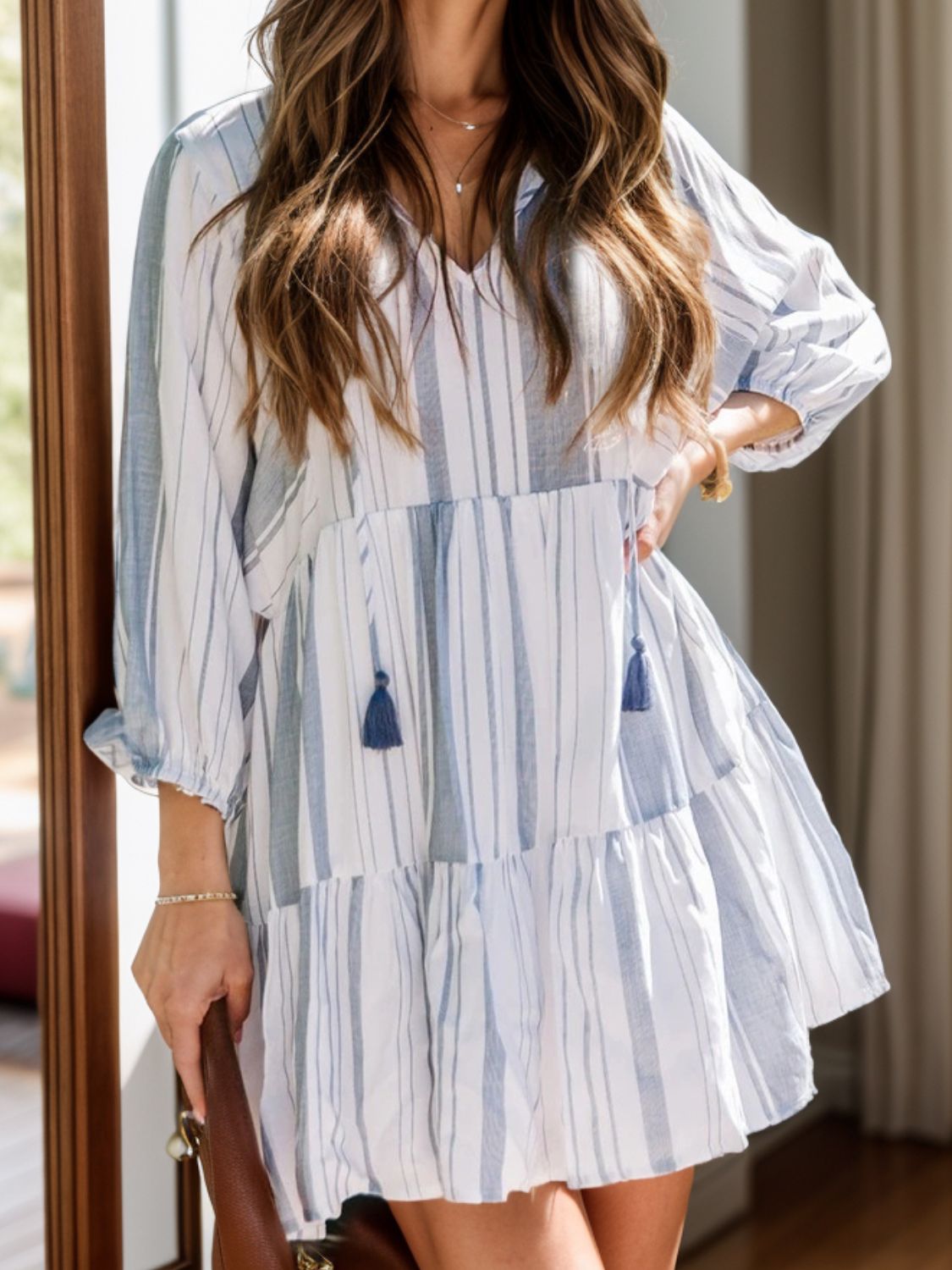 Tassel Striped Tie Neck Batwing Sleeve Dress