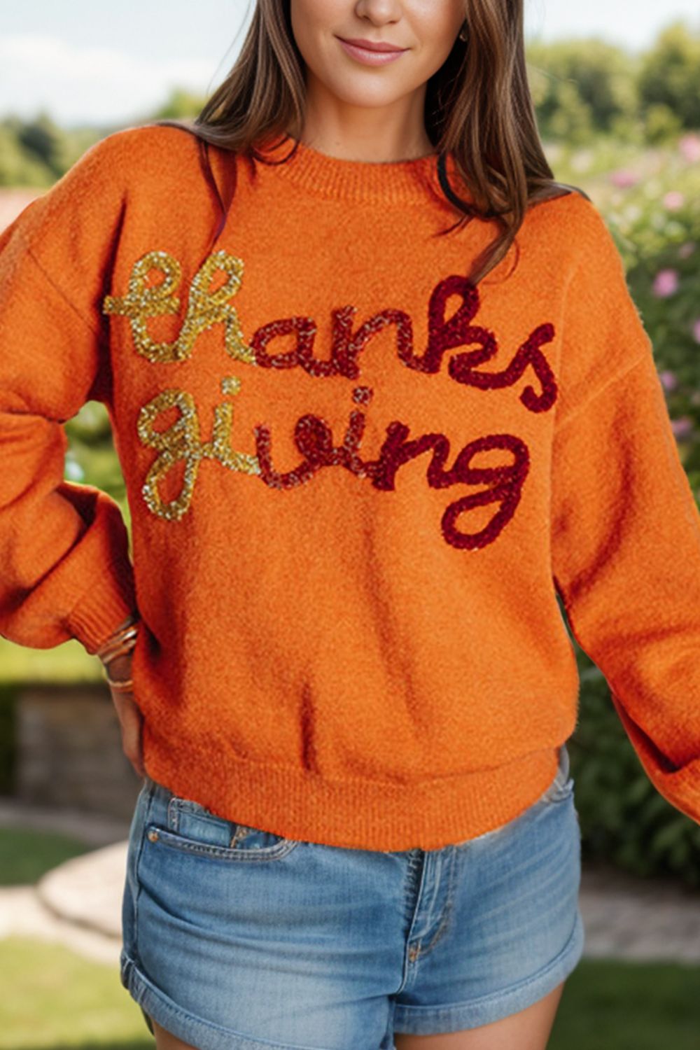 THANKSGIVING Letter Round Neck Long Sleeve Sweater