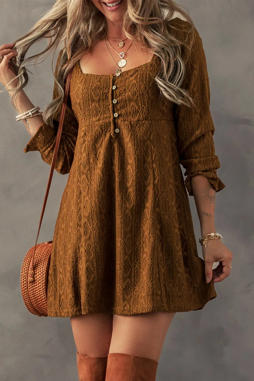 Textured Square Neck Mini Dress