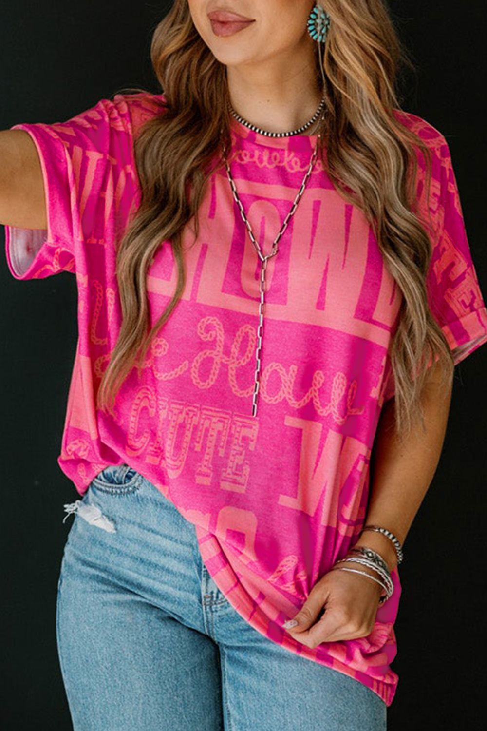 HOWDY Letter Printed Round Neck Short Sleeve T-Shirt