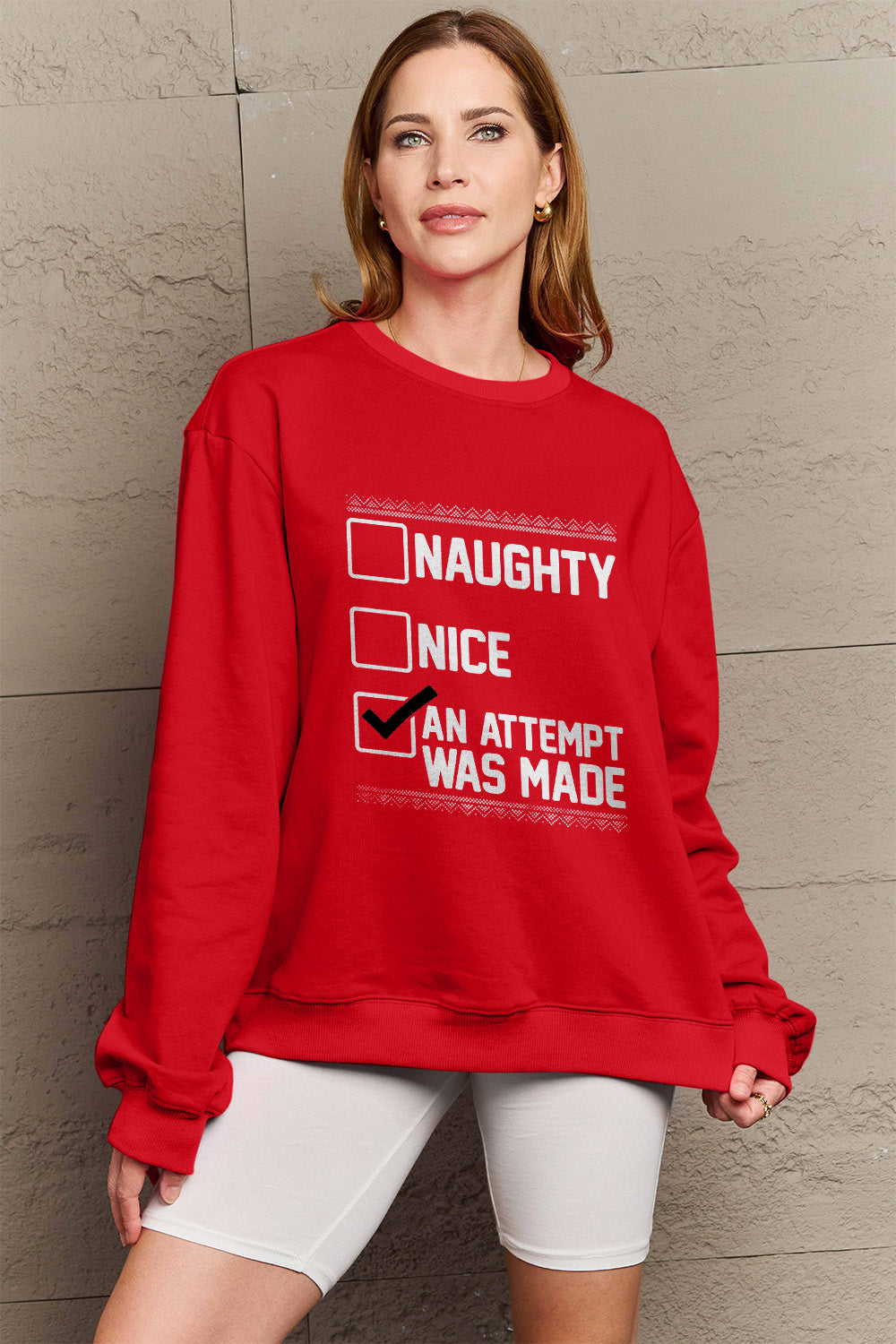 Simply Love Full Size Naughty, Nice, An Attempt Was Made Letter Graphic Long Sleeve Sweatshirt