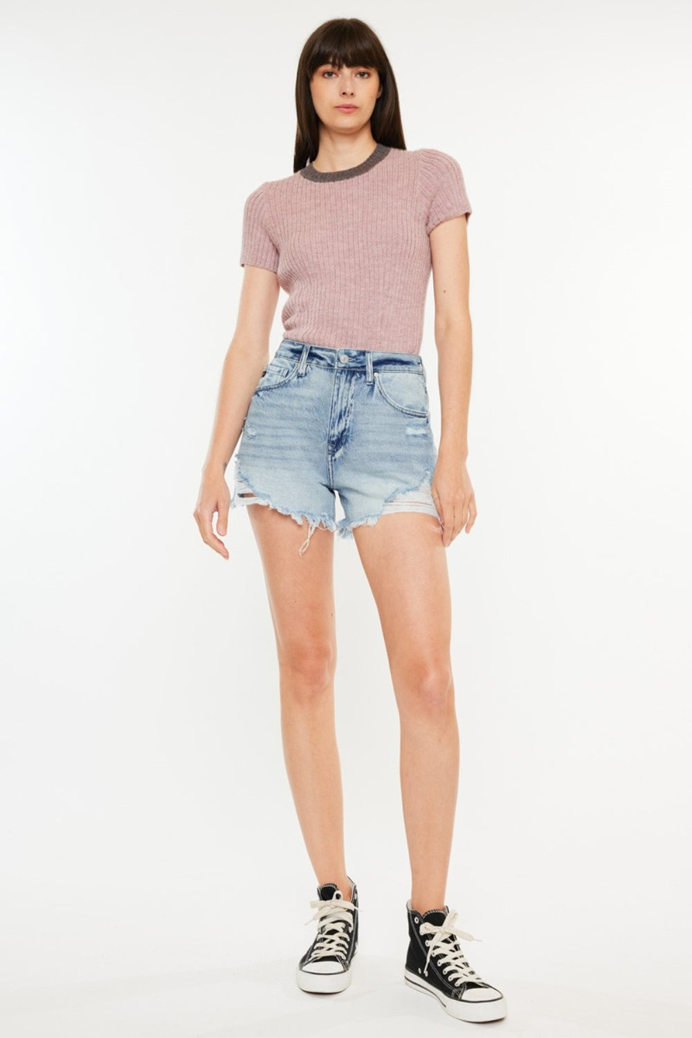 Kancan Distressed High Waist Denim Shorts with Pockets