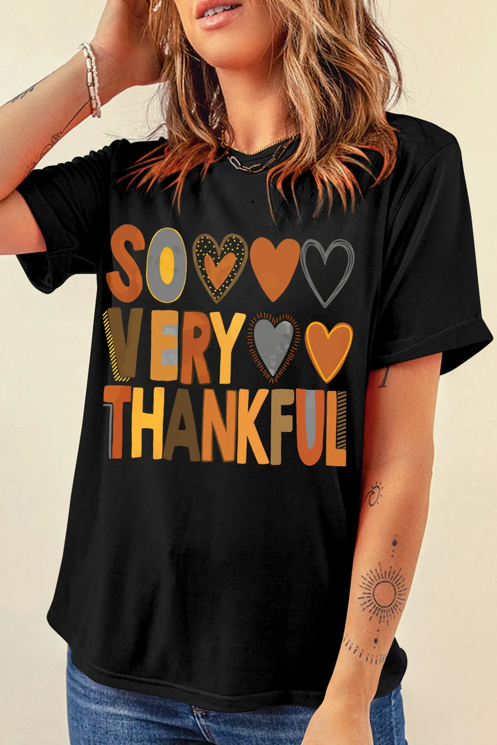 SO VERY THANKFUL Letter Graphic Round Neck Short Sleeve T-Shirt
