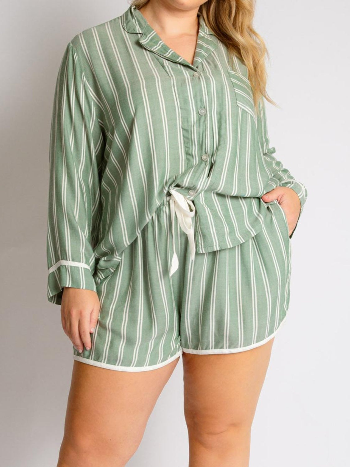 Striped Collared Neck Long Sleeve Top and Shorts Lounge Set