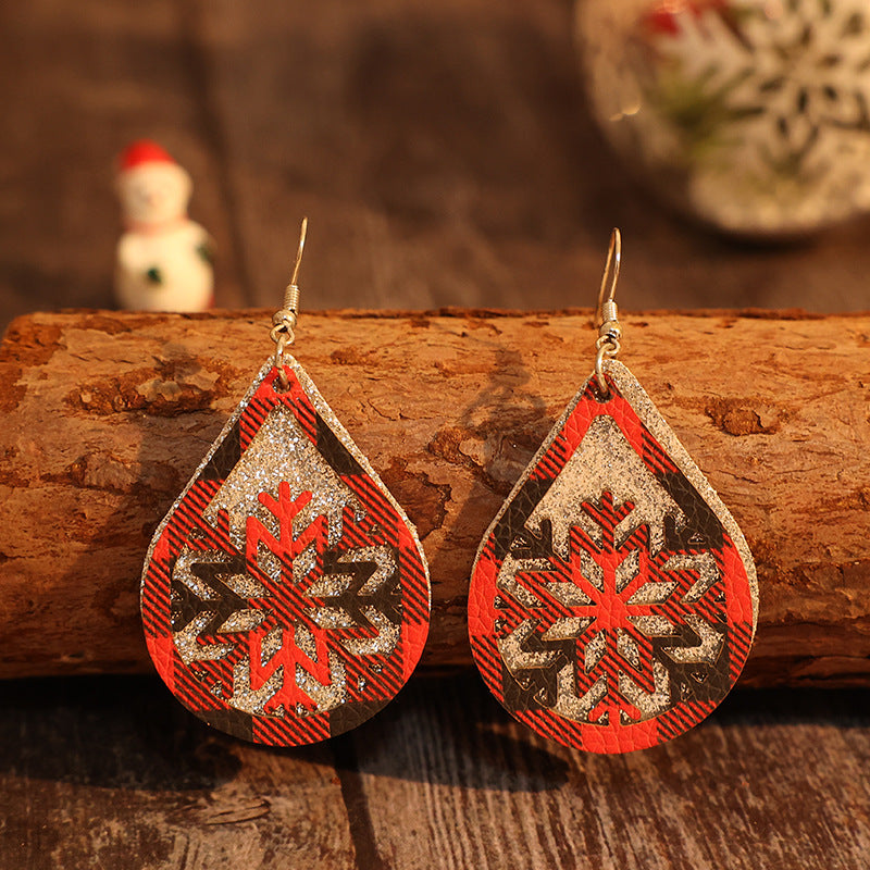 PU Leather Teardrop Shape Snowflake Earrings