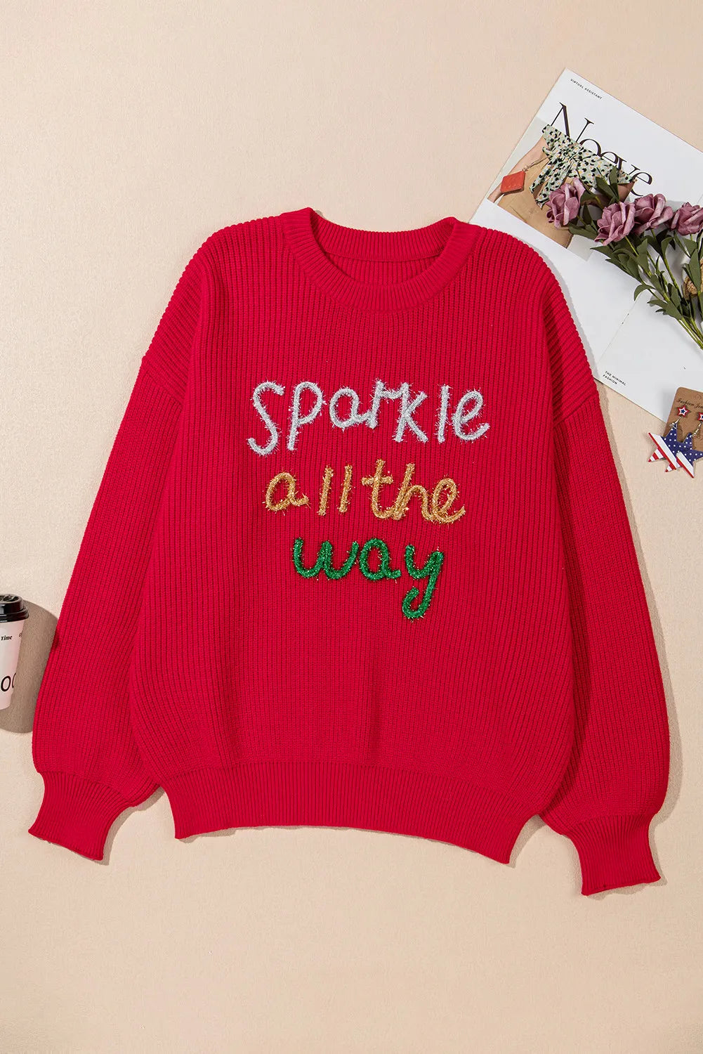 SPARKLE ALL THE WAY Plus Size Contrast Letter Round Neck Long Sleeve Sweater