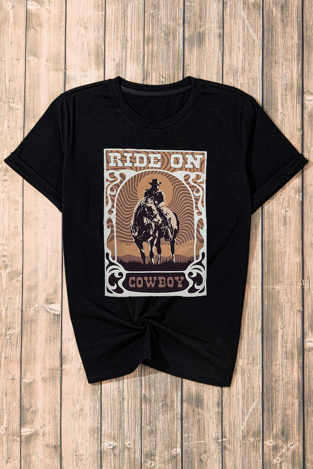 Ride On Cowboy Graphic Round Neck Short Sleeve T-Shirt