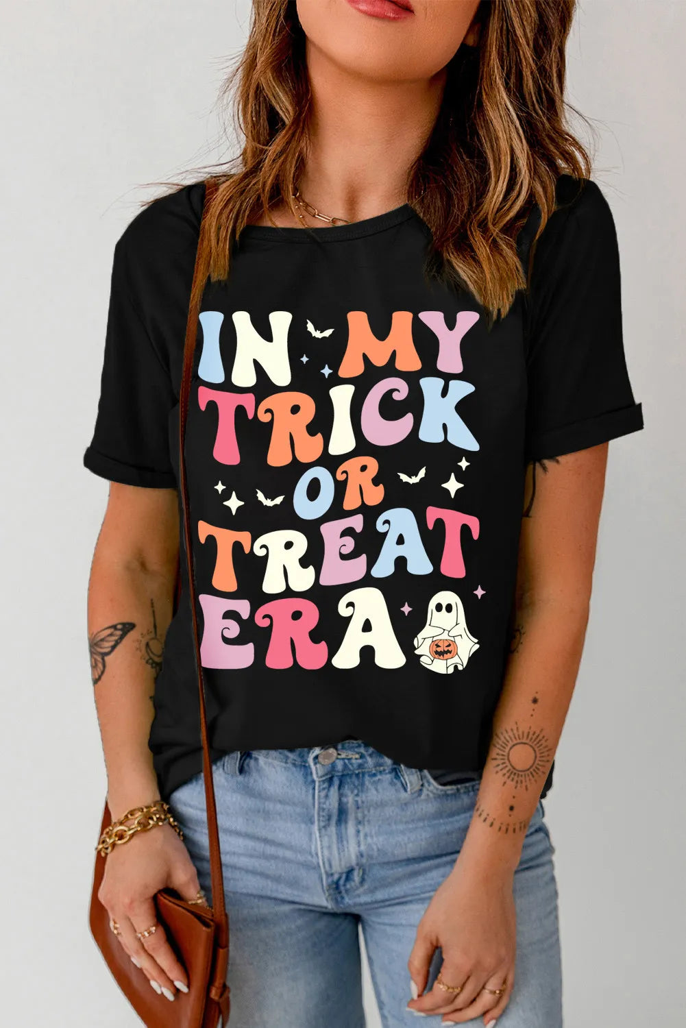 IN MY TRICK OR TREAT ERA Letter Graphic Round Neck Short Sleeve T-Shirt