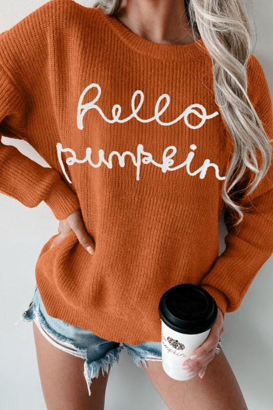 HELLO PUMPKIN Letter Graphic Round Neck Long Sleeve Sweater