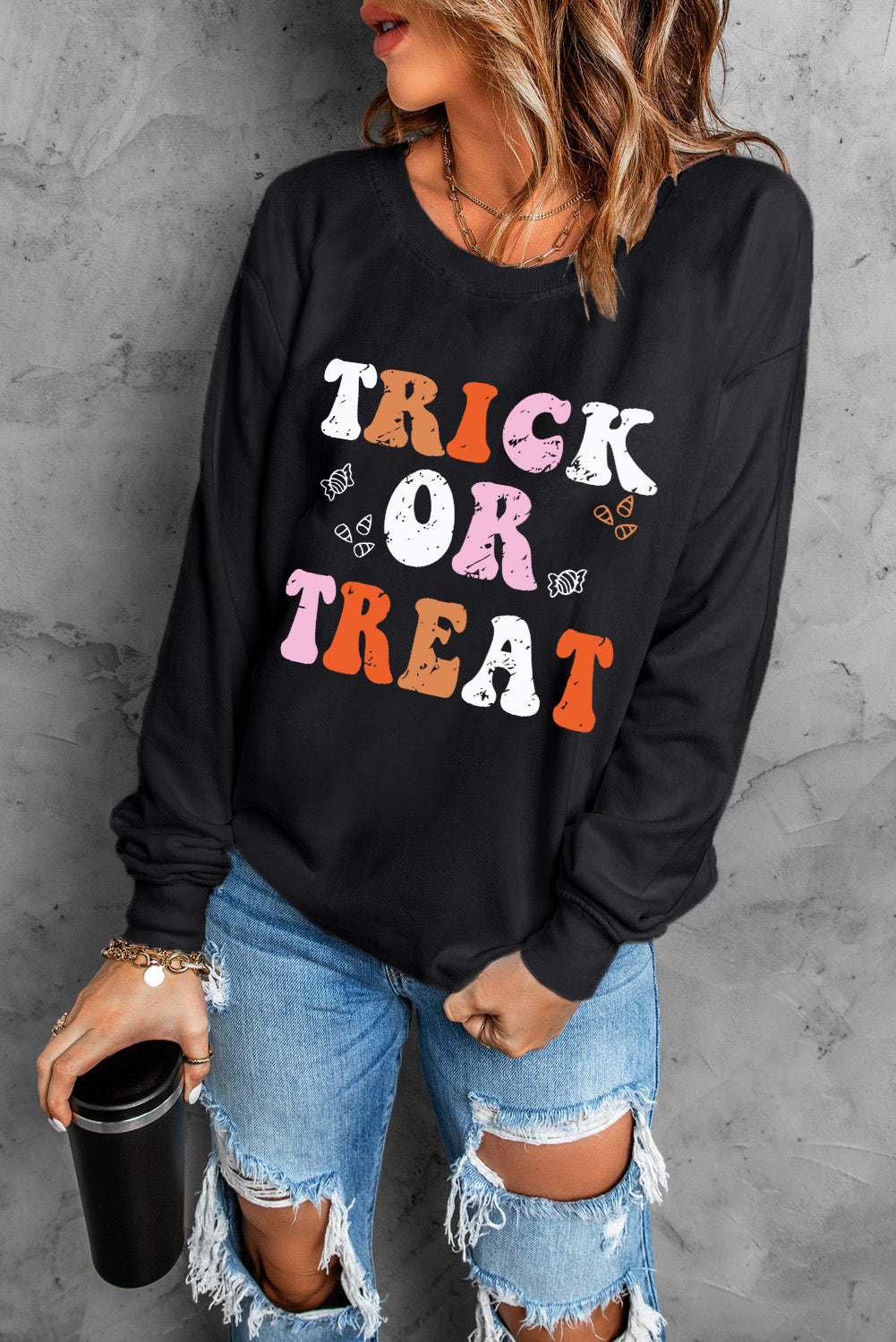 TRICK OR TREAT Letter Graphic Round Neck Long Sleeve Sweatshirt