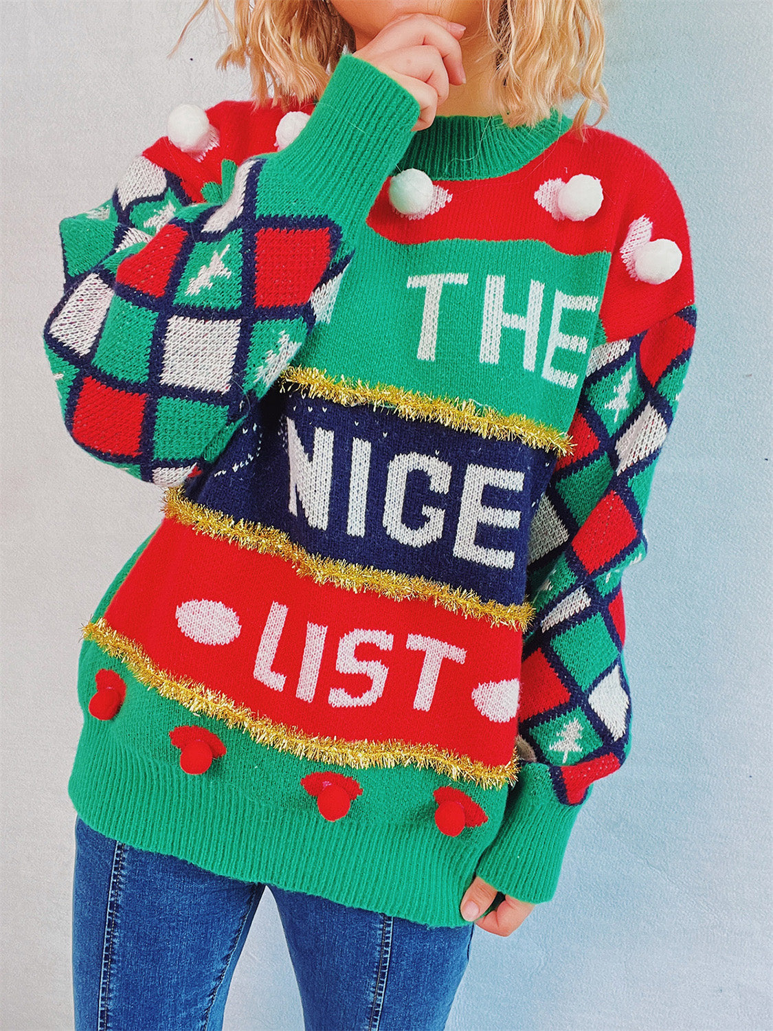 ON THE NICE LIST Pom-Pom Contrast Round Neck Long Sleeve Sweater