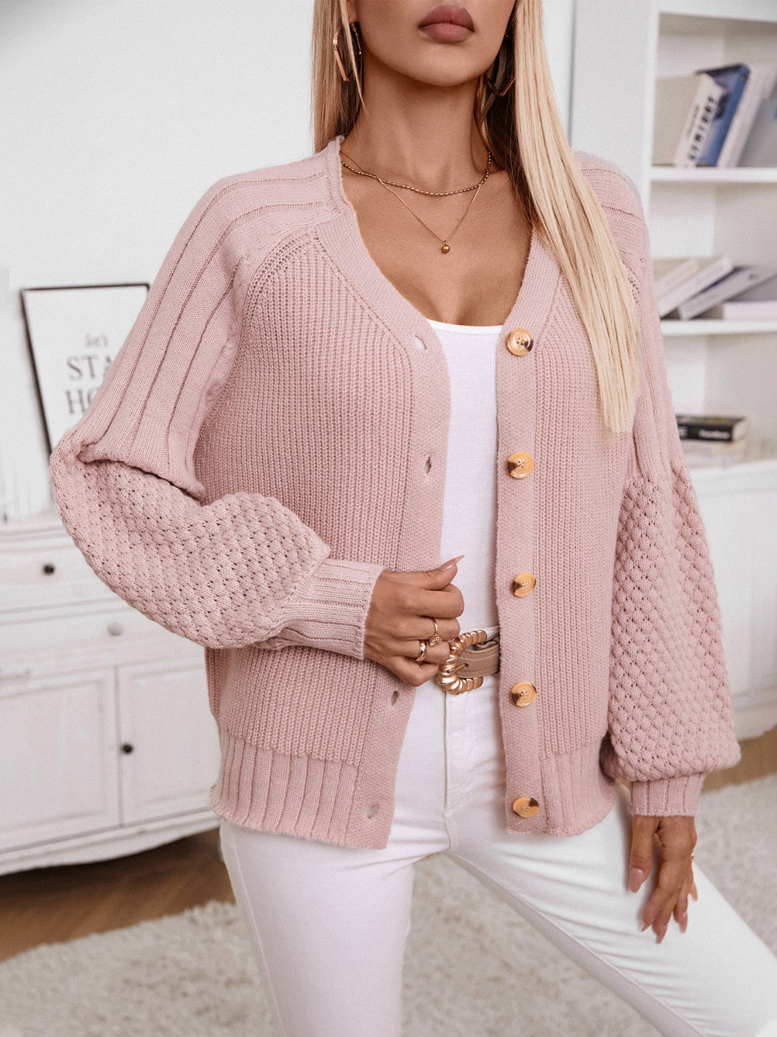 V-Neck Button Up Raglan Sleeve Cardigan