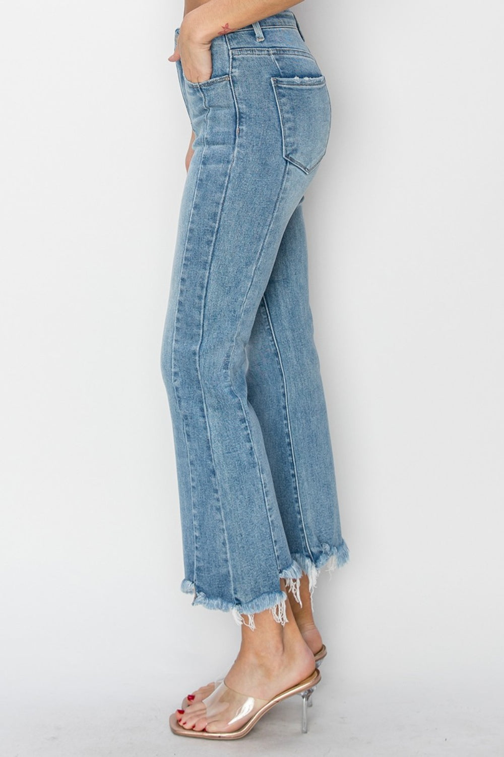 RISEN Full Size High Rise Frayed Hem Flare Jeans