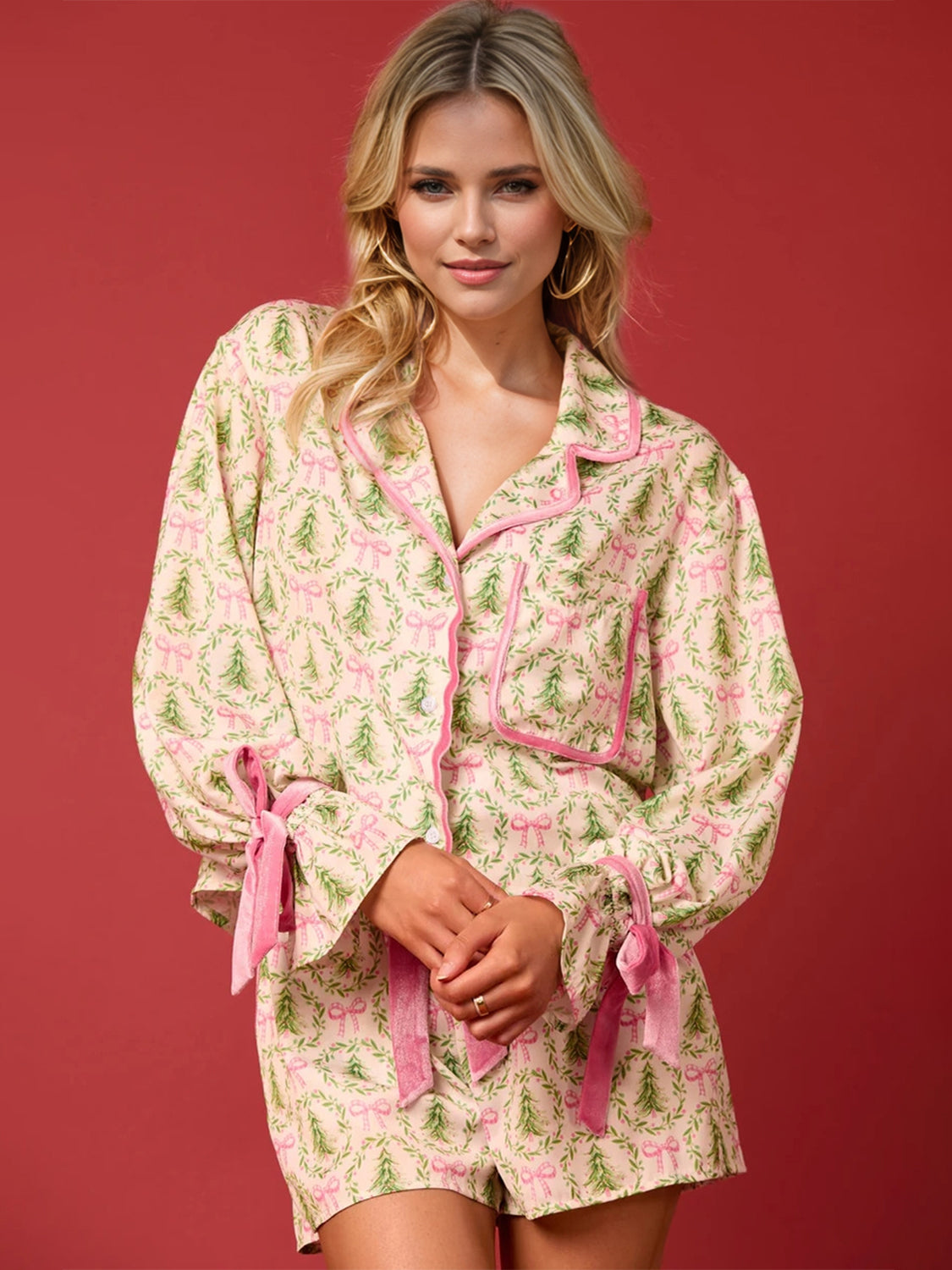 Tied Santa Printed Collared Neck Long Sleeve Top and Shorts Set