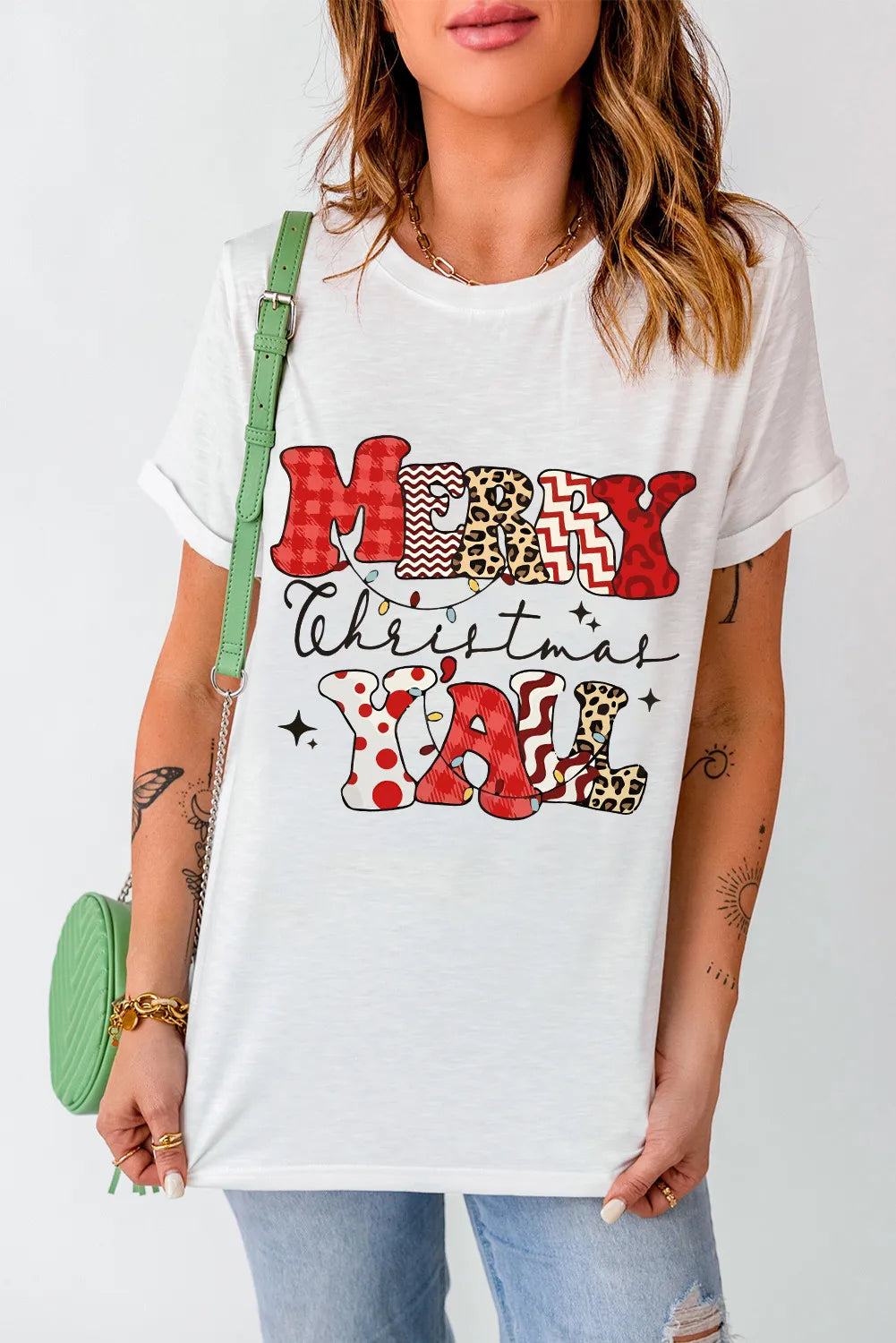 MERRY CHRISTMAS Y'ALL Letter Graphic Round Neck Short Sleeve T-Shirt