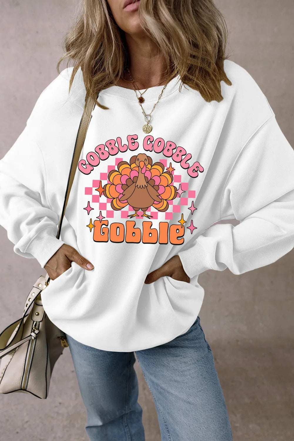 GOBBLE GOBBLE GOBBLE TURKEY Graphic Dropped Shoulder Long Sleeve Sweatshirt