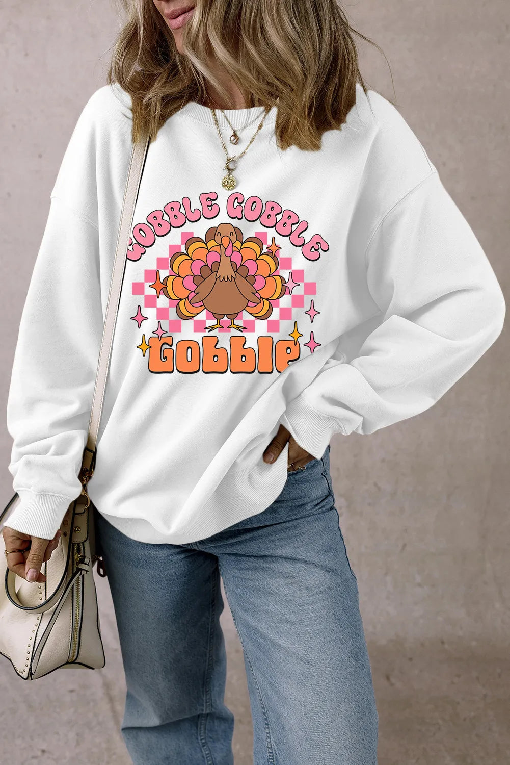 GOBBLE GOBBLE GOBBLE TURKEY Graphic Dropped Shoulder Long Sleeve Sweatshirt