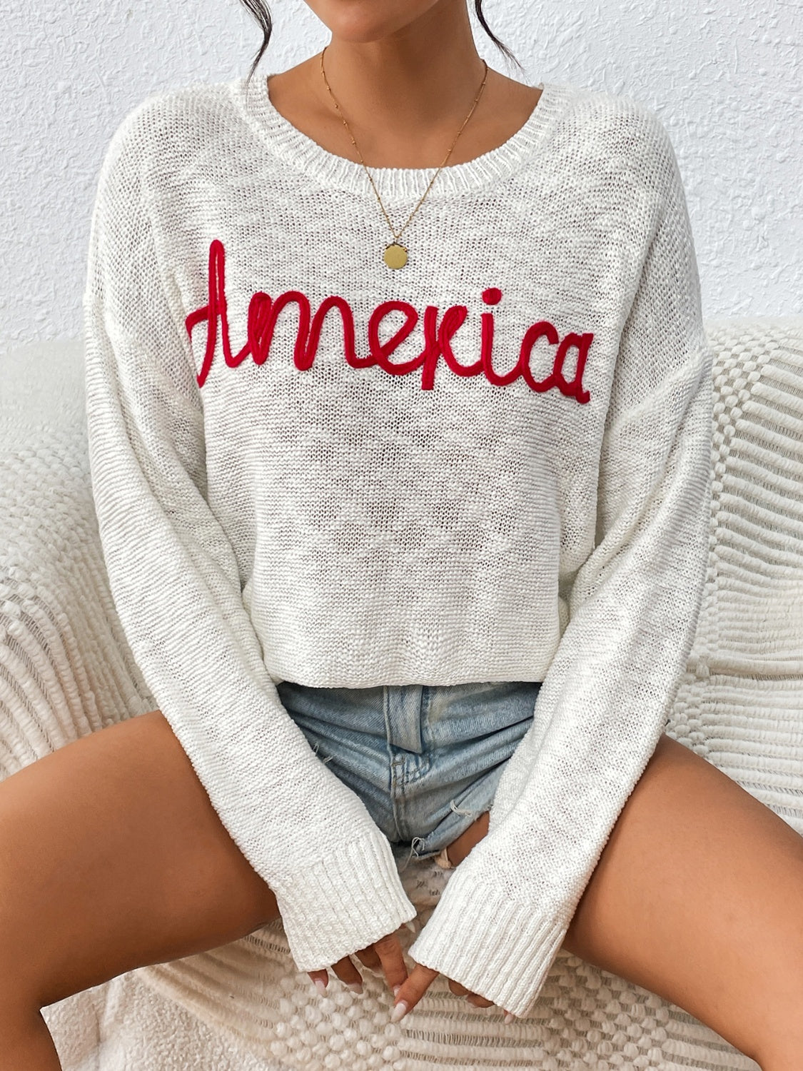 AMERICA Letter Round Neck Long Sleeve Sweater