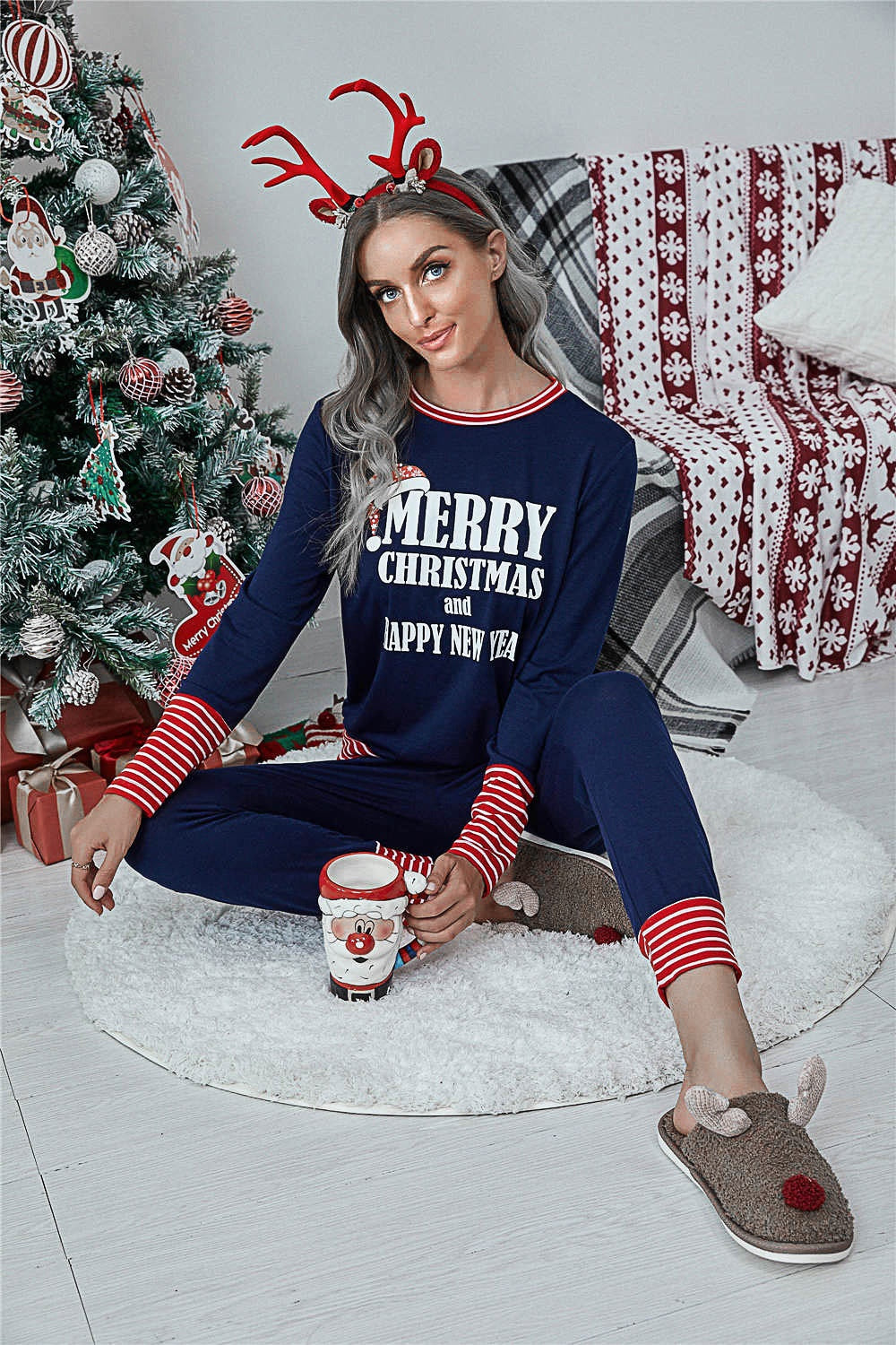 MERRY CHRISTMAS & HAPPY NEW YEAR Striped Trim Letter Graphic Round Neck Top and Pants Set